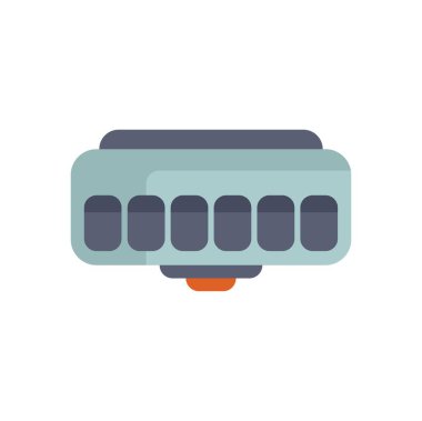 Modern bir tramvay ya da tren vagonunun beyaz arka planda izole edilmiş basit ve renkli hava görüntüsü.