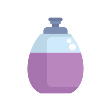 Mor bir parfüm şişesinin çizgi film çizimi üzerinde kabarcıklar olan hoş bir koku yayıyor.