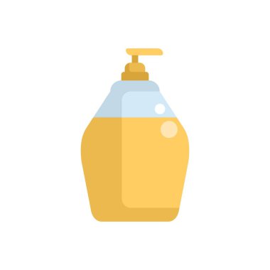 Elleri yıkamak için sıvı sabun içeren sarı plastik şişe dağıtıcısı, beyaz arka planda izole edilmiş.