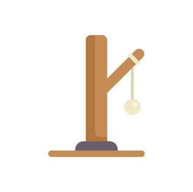 Kedi tırmalama direğinin basit ve renkli vektör simgesi, tahta bir direk ve sallanan bir oyuncak top, evcil hayvan ürünü ve hayvan bakımı için ideal.