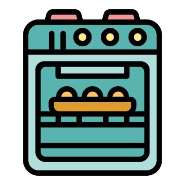 Bu renkli ikon bir konveksiyon fırınına sahip tepside ekmek ruloları pişiriyor, yemek ve aletlerle ilgili tasarımlar için mükemmel.