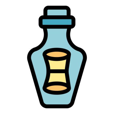 Bu renkli simge, iletişimi, sırları ve macerayı simgeleyen bir mesajı şişede tasvir ediyor.