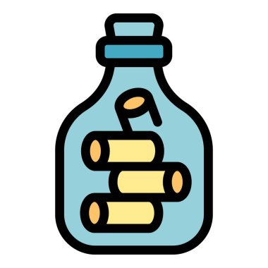 Mantar tıpası ve mavi sıvıyla bir şişe simgesinde basit bir çizim rengi antika gemi.