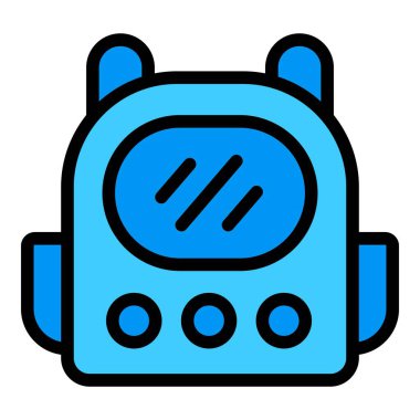 Mavi robot suratlı, antenli ve düğmeleri mutlu gülümseyen bir çizgi film karakteri.