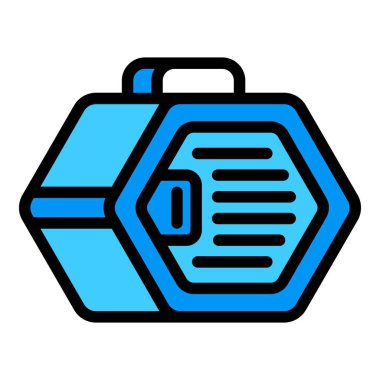 Bu vektör illüstrasyonunda mavi bir evcil hayvan taşıyıcısı, güvenli sürgüsünü ve havalandırma sistemini vurguluyor ve seyahat sırasında hayvan güvenliği ve konforunun önemini vurguluyor.