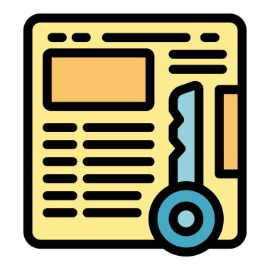 Bu renkli simge, bir belgenin üzerine yerleştirilmiş bir anahtarla iş başarısını izlemek için anahtar performans göstergeleri kavramını gözler önüne serer