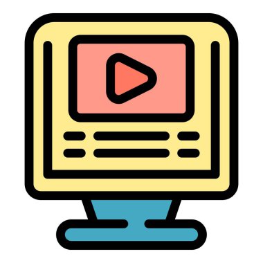 Oynatma düğmesi ve menü seçenekleriyle video yayın platformu arayüzü gösteren renkli bir bilgisayar simgesi