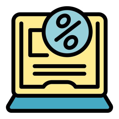 Bu simge, indirimli yüzde sembolü gösteren bir dizüstü bilgisayar çizer, online alışveriş ve anlaşmaları temsil etmek için mükemmeldir