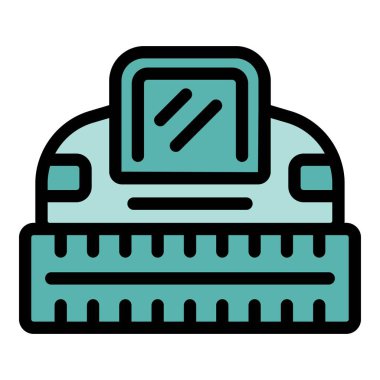 Buğday dolu bir alanda çalışan biçerdöveri birleştirin, ön görünüm, renk simgesi vektör ana hatlarıyla