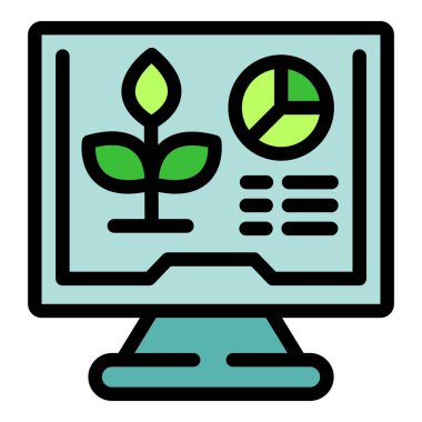 Bu renk simgesi, sürdürülebilir iş büyümesini sembolize eden büyüyen bir bitki ile iş istatistiklerini gösteren bir bilgisayar ekranını betimler
