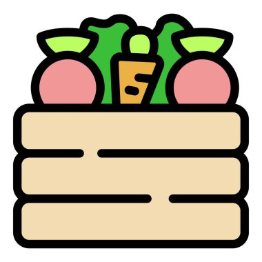 Bu vektör illüstrasyonunda renkli turplar, canlı havuçlar ve gevrek marullarla dolu ahşap bir sandık var. Cömert bir hasat esansını yakalıyor.