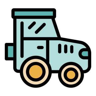 Tarım teması üzerine tasarım için ana hatlarıyla doldurulmuş tarım arazisi simgesinde çalışan yeşil traktör