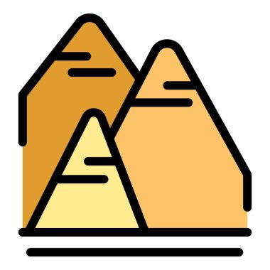 Çöldeki üç piramidin şekillendirilmiş görüntüsü, ön planda bir kum tepeciği var.