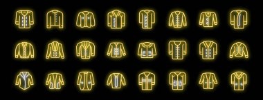Çeşitli ceket stillerini temsil eden parlak neon ikonlar, çeşitli tasarımlar ve moda öğeleri sergiliyorlar