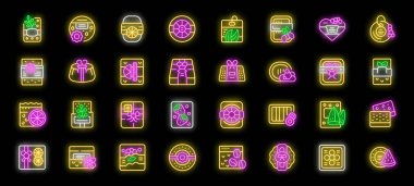 Yay, kurdele, çiçek, meyve ve diğer elementlerle süslenmiş parlak neon hediye kutuları. Hediye ve kutlamalarla ilgili her proje için mükemmel.