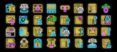 Neon simgesi seti çeşitli noter hizmetlerini temsil eden, yasal belgeler ve ilgili sembollerle parlayan bir noter seti