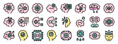 Bu simgeler dizisi, insan zihinleri ve bilgisayar işleme gücü arasındaki etkileşimi vurgulayan çeşitli yapay zeka tasvirlerini içerir.