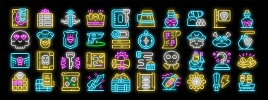 Korsan hazine avı neon ikonları vektör belirledi. Korsan kafatası ve gemi, harita ve pusula, altın sikke ve taç dolu sandık, siyah arka planda kılıç ve bomba örnekleri