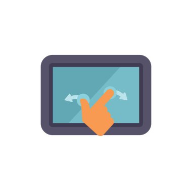 Bu düz simge, dijital tablet ekranda iki parmak yakınlaştırma hareketi yapan bir ele sahip.