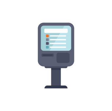 Dijital dokunmatik ekran arayüzü olan bilgi kiosku, kullanıcıların seçenekleri yönetmesi için etkileşimli bir menü gösteriyor