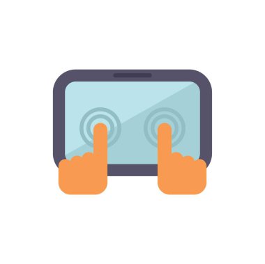 İki el tablet bir ekrana her biri iki parmağıyla dokunuyor, minimalist ve renkli düz dizayn tarzında.