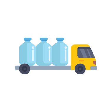 Lojistik veya teslimatla ilgili kavramlar için uygun büyüklükte su şişeleri taşıyan bir kamyonun basit vektör çizimi