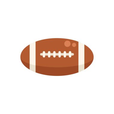 Beyaz arka planda izole edilmiş beyaz bağcıklı ve çizgili klasik kahverengi rugby topunun basit vektör çizimi
