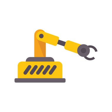 Beyaz zemin üzerinde sarı robotik kol metal kavramalı nesne alıyor