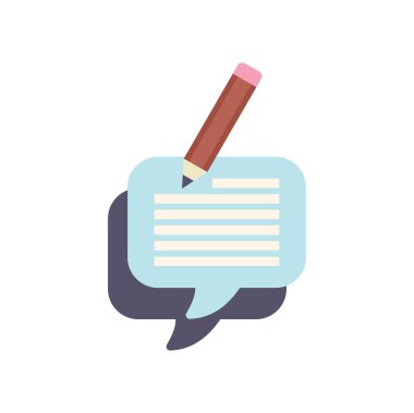 Kalem bir konuşma baloncuğuna yazılıyor, metin satırları bırakıyor, içerik yazma ve metin yazma kavramı