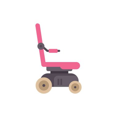 Pembe elektrikli tekerlekli sandalyenin yan görünüşü, engelliler için ulaşılabilir ulaşımı vurguluyor