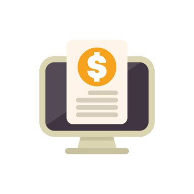 Bu vektör illüstrasyonu, bir dolar sembollü bir fatura gösteren, çevrimiçi ödeme ve dijital işlemleri temsil eden bir bilgisayar gösterir