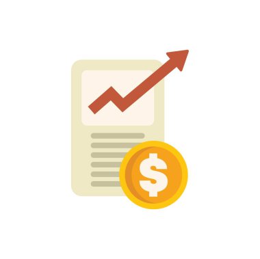 Bu vektör illüstrasyonu artan karı simgeleyen yükselen bir okla zenginlik ve finansal başarıyı temsil eden bir madeni para içeren bir mali raporu tasvir eder.