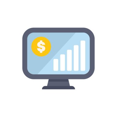 Bilgisayar ekranında büyüyen bir istatistik çubuğu grafiği ve maddi başarıyı temsil eden bir dolar para simgesi gösteriliyor