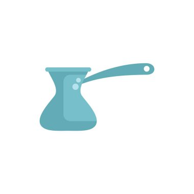 Uzun saplı mavi bir cezve kahve demliği, Türk kahvesi hazırlamak için kullanılır, ayakta, hafif köpürüyor.