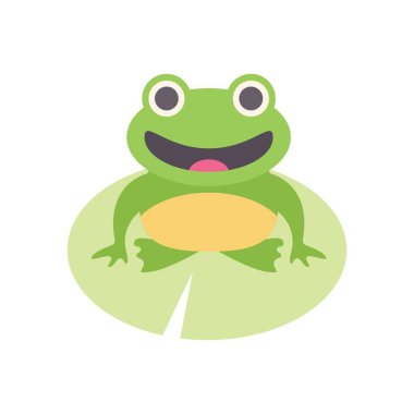 Çizgi film kurbağası, mutlu ve arkadaş canlısı bir gülümsemeyle bir nilüfer yaprağının üzerinde oturuyor.