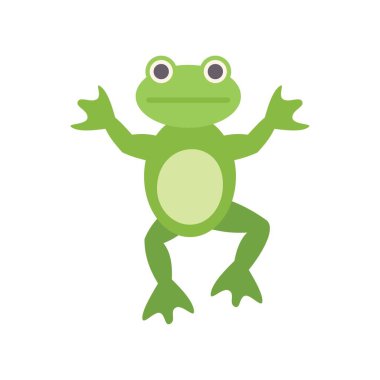 Yeşil kurbağa zıplıyor, kolları havada, bacakları bükülmüş, göbeği açık yeşil