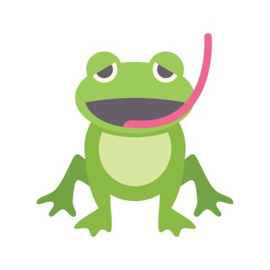 Çizgi filmlerde, beyaz arka planda izole edilmiş, dilini dışarı çıkaran ve ağzını yalayan yeşil bir kurbağanın çizimi