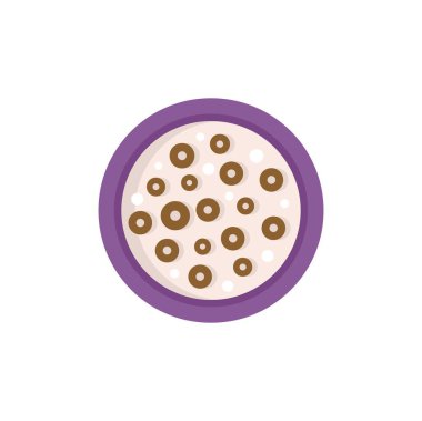 Süt ve mısır gevreğiyle yuvarlak bir kasenin basit vektör çizimi, kahvaltıyı, yemeği ve sağlıklı beslenmeyi temsil ediyor.