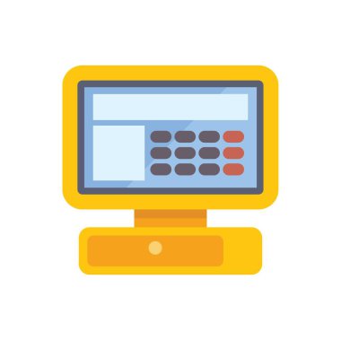 Düğmeleri ve dokunmatik ekranı olan elektronik yazar kasa beyaz arkaplanda işlem ödemelerini gösteriyor