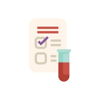 Tıbbi kan testi sonuçları, panoda listeli ve test tüplü kontrol işaretli sağlığın iyi olduğunu doğruluyor.