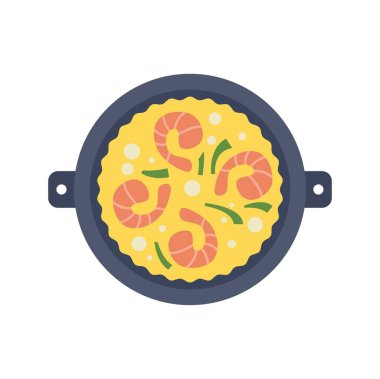 Geleneksel İspanyol deniz ürünleri tabağı. Tavada pilav, karides ve otlar pişiriliyor.