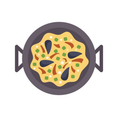 Lezzetli paella bir tavada pilav, deniz ürünleri ve sebzeli geleneksel İspanyol yemeği pişiriliyor.