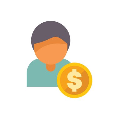 Üzerinde dolar işareti olan ve maaş, ödeme ve gelir gibi kavramları temsil eden büyük bir madeni para tutan bir kişinin minimalist simgesi