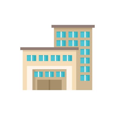 Modern, büyük bir garaj kapısı olan bej bina çok pencereli, uzun duruyor.