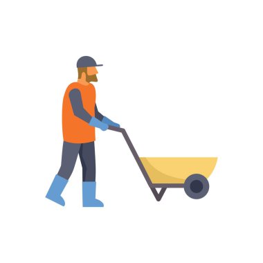 Turuncu yelek ve mavi eldiven giyen inşaat işçisi boş bir el arabasını itiyor.