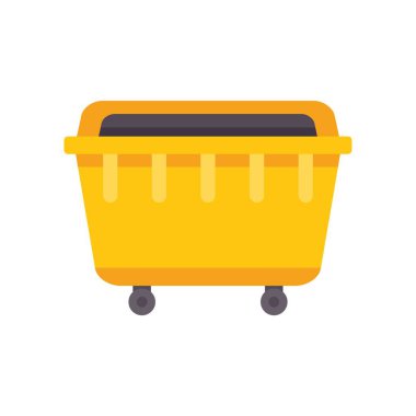 Büyük sarı plastik atık konteynırı, beyaz arka planda izole edilmiş, koyu kapaklı, ön manzaralı, tekerlekler üzerinde açık duruyor.