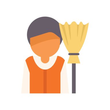 Temizlik işçisi bu düz simge tasarımında süpürge tutuyor