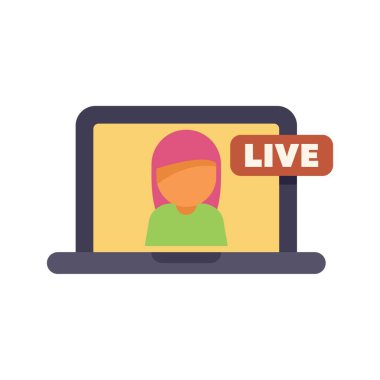 Genç bir kadın dizüstü bilgisayarında canlı bir pankartıyla online yayını temsil ediyor.