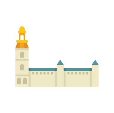 Beyaz arka planda izole edilmiş, yüksek kulesi ve güçlendirilmiş duvarı olan bir ortaçağ şatosunun basit vektör çizimi