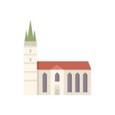 Çan kulesi, vitray pencereleri ve fayanslı çatısı olan bir kilise binasının basit vektör çizimi